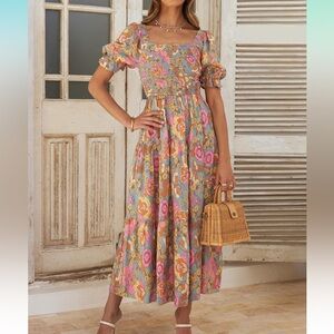 Boho Floral Puff Sleeve Maxi Dress